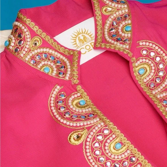 NWOT NICOBLU NOOR LONG FUCHSIA TUNIC DRESS WITH GOLD EMBELLISHMENT SIZE 4 - Picture 4 of 8